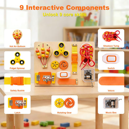 SEYTUFU Montessori Busy Board for Toddlers, Wooden Sensory Toys Autistic Children, Travel Toys for Educational Fidget Board with Switches & Music Boxes, Fidget Spinner, Locks for 3+ Year Kids Gifts.