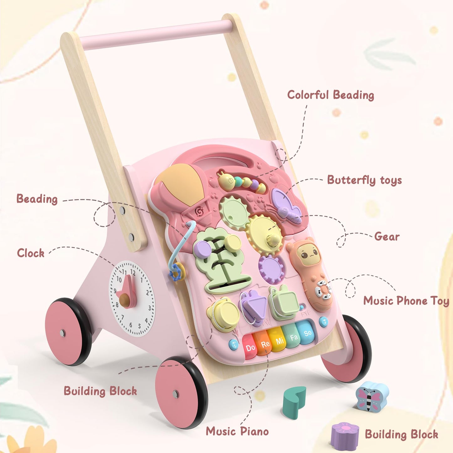2 in 1 Wooden Baby Walker and Activity Center for Girls Boys Sit-to-Stand Learning Toy Kids Montessori Educational Push Toys with Music Detachable Busy Keyboard for Toddlers