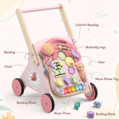 2 in 1 Wooden Baby Walker and Activity Center for Girls Boys Sit-to-Stand Learning Toy Kids Montessori Educational Push Toys with Music Detachable Busy Keyboard for Toddlers