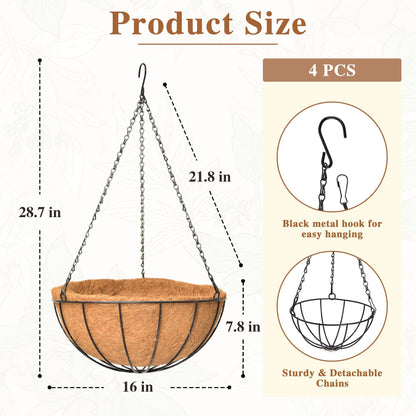 4 Pack Hanging Planter for Outdoor Plants 16 inch Metal Hanging Flower Basket with Coco Coir Liner Round Wire Plant Holder Chain Flower Pots Outdoor Garden Decoration Watering Hanging Baskets(XG)