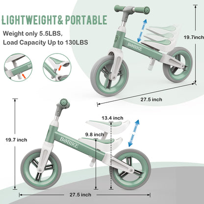 Bobike Toddler Balance Bike Toys for 1 to 6 Year Old Girls Boys Adjustable Seat and Handlebar No-Pedal Training Bike Best Gifts for Kids (Green)