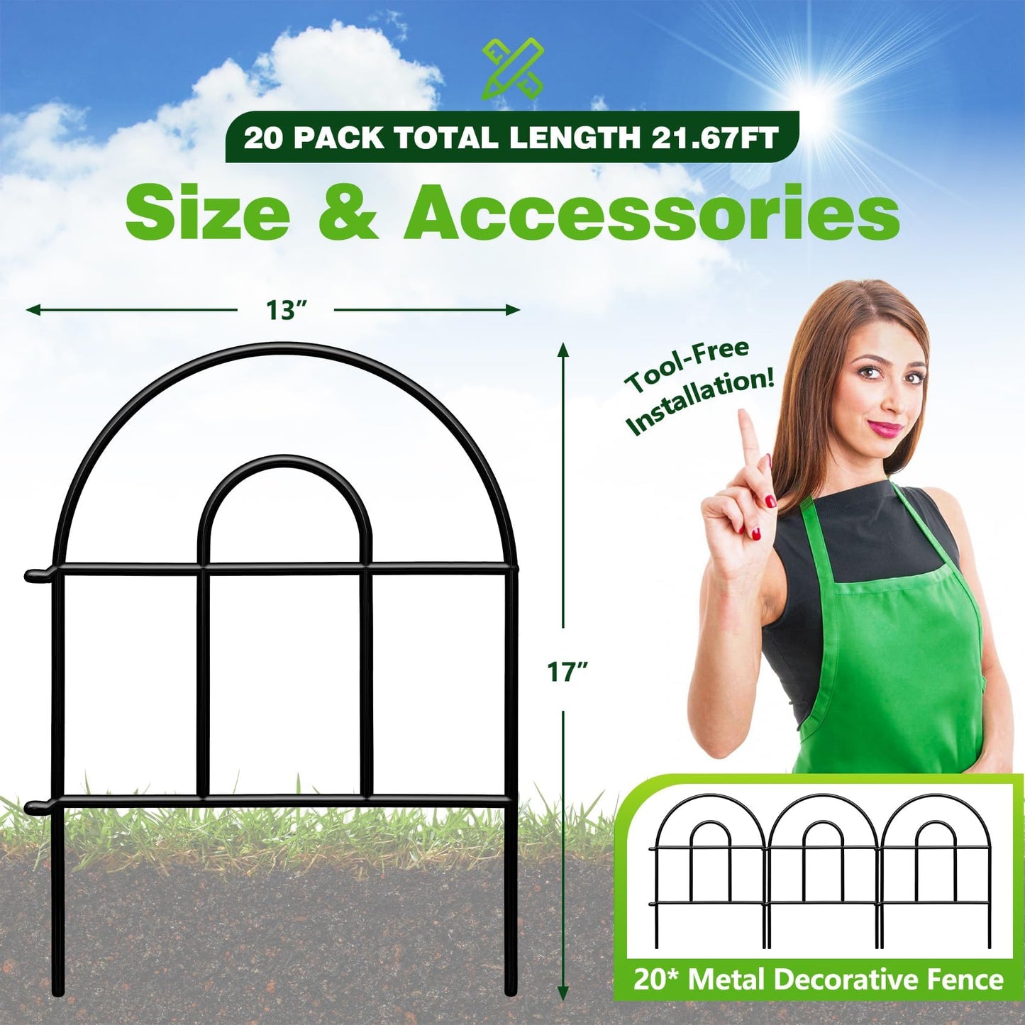 Decorative Garden Fence, 21.67ft(L) x 17in(H) Metal Fencing, 20 Pack, Black, Classic Style, Animal Barrier, Garden Border