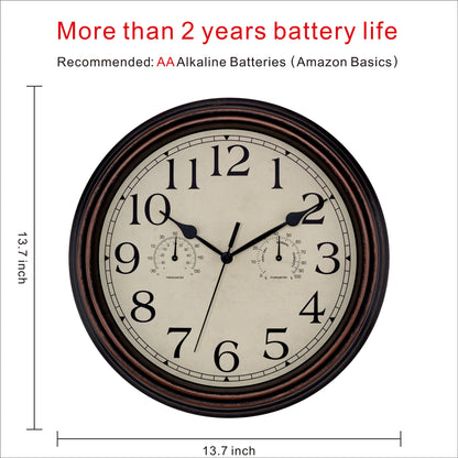 Foxtop Indoor Outdoor Waterproof Wall Clock with Thermometer and Hygrometer Combo, 14 Inch Retro Silent Non-Ticking Battery Operated Quartz Round Outdoor Clocks for Patio Home Office (Bronze)