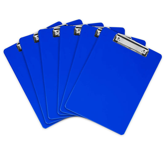 Blue Plastic Clipboard with Low Profile Clip (Pack of 6) - Letter Size Clip Board Blue with Flat Clip, A4 Size Acrylic Clipboard for Boys and Girls | Cute Aesthetic College & Back to School Supplies