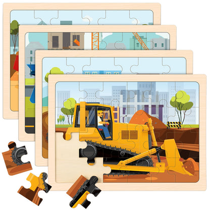 Wooden Puzzles for Kids Ages 4-6, 4 Packs 24 PCS Construction Vehicle Jigsaw Puzzles for Kids Ages 3-5, Preschool Educational Puzzles Boards Toys Gifts for Boys Girls