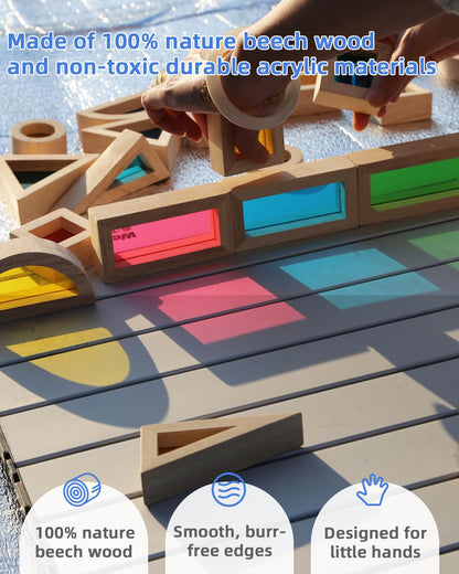 JOLKID Wooden Building Blocks with Rainbow Acrylic Windows - 24pc Classic Montessori Stacking Set - Screen-Free Educational STEM Construction Toys for Toddlers Ages 18M+