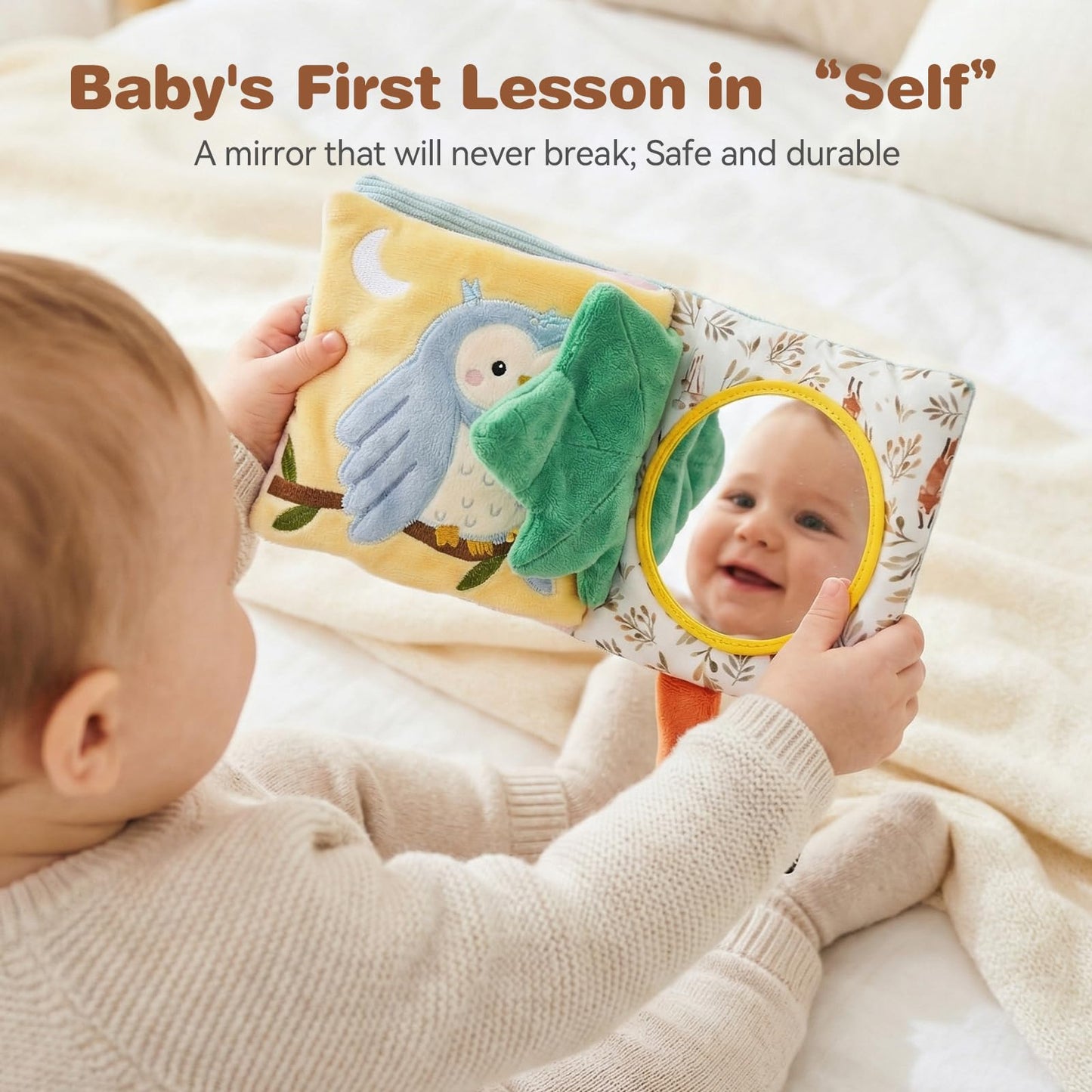 Macabaka Montessori Soft Baby Book - Sensory Book for Babies 0-12 Months with Crinkle Paper, Touch & Feel Textures, Baby Safe Mirror & Teether. Educational Infant Toys for Tummy Time, Newborn