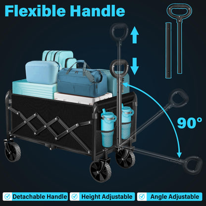Collapsible Wagon Cart with Wheels Foldable: 360LBS Heavy Duty Folding Utility Wagon - Portable All Terrain Grocery Wagon Cart for Groceries Shopping Outdoor Camping Fishing Sports (Dark Black)