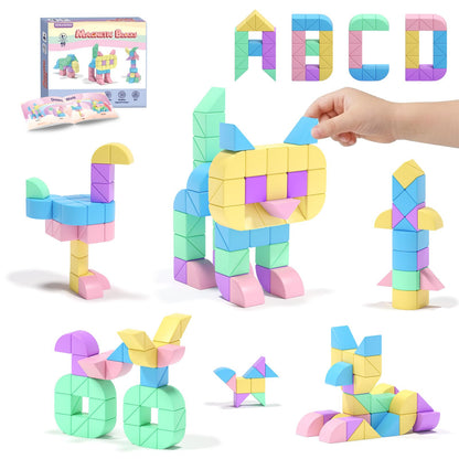 Hiwawind 40Pcs Magnetic Blocks, 1-Inch Soft Rainbow Magnetic Cubes (Triangles & Quarter Circles), Montessori Sensory Autism Toys for Boys & Girls, for Kids Ages 3+