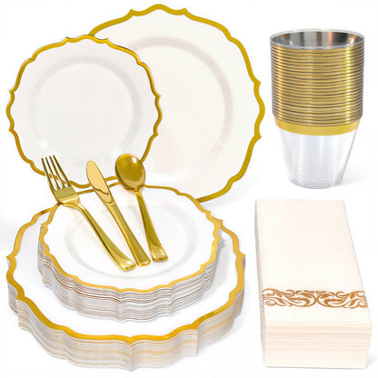 Glowserve 175 Plastic Dinnerware Set Gold Disposable Dinnerware Set for 25 Guests Include 50 Plastic Plates 25 Silverware Set 25 Cups and 25 Napkins for Mother's Day Party Wedding Birthday