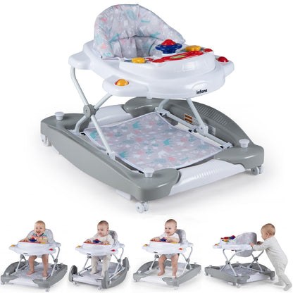 INFANS Baby Walker, 5 in 1 Behind Walker Learning Seated Rocker Bouncer with Removable Music Tray, Adjustable Height, Washable Seat Cushion, Foldable Activity Center for Toddlers (Light Gray)