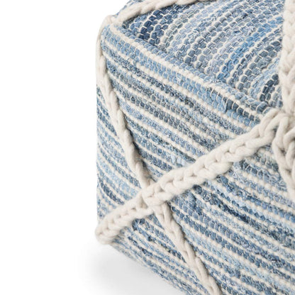 SIMPLIHOME Cowan Square Pouf - 20 inch Wide Handloom Woven Wool and Cotton Ottoman in Blue and Natural, Contemporary Footstool or Extra Seating for Living Room, Bedroom, or Kids Room, Assembled