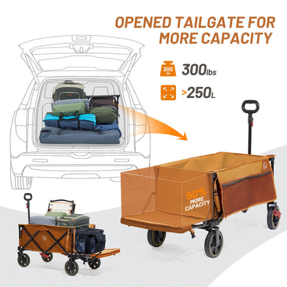Timber Ridge 49" Extra Long Collapsible Folding Wagon with Tailgate and Brakes, 250L Capacity All-Terrain Wagon Carts Foldable, 300lbs Portable Cart for Dog, Garden, Outdoor Camping Sports, Orange