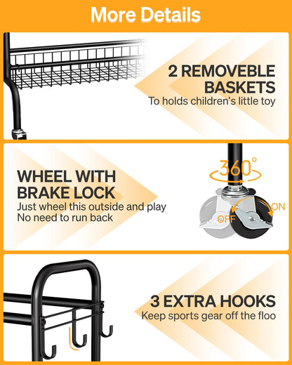 EXTCCT Basketball Rack, Outdoor Rolling Basketball Shooting Training Stand,Sports Equipment Storage with Wheels, Garage Four-Layer Ball Holder with Two Basket for Basketballs Footballs Volleyball