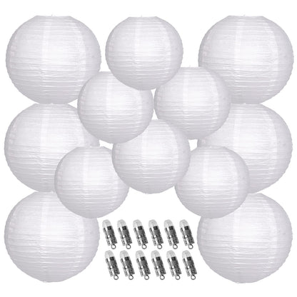 YUNXUAN Paper Lanterns Decorative, White Hanging Round Chinese Lanterns with Lights for Wedding Anniversary Birthday Party 12 LED Light Pack of 12