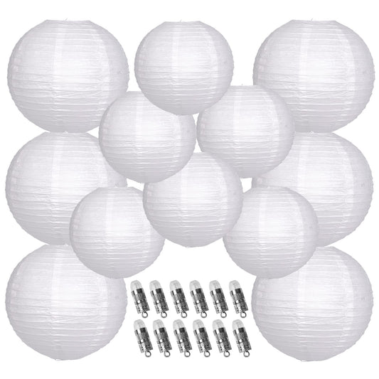 YUNXUAN Paper Lanterns Decorative, White Hanging Round Chinese Lanterns with Lights for Wedding Anniversary Birthday Party 12 LED Light Pack of 12