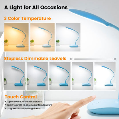 Battery Powered Desk Lamp, Portable Lamps Rechargeable 3 Color Modes Touch Control Stepless Dimming, Wireless Desk Lamp with 4000mAh, Small LED Table Light for Dorm Study Office Bedroom,2-Pack,Blue