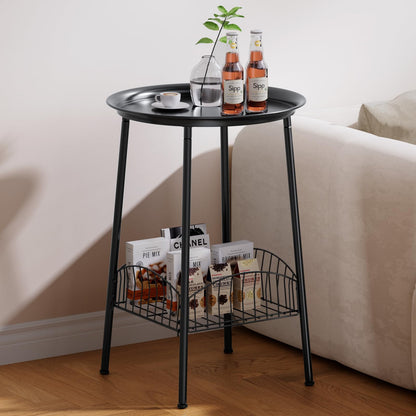 Luwesde 2 PCS Small Outdoor Side Table, 2-Tier Round Metal Patio Table, Accent Table Waterproof, Weather Resistant End Table for Yard Porch Pool Balcony Garden Bedside