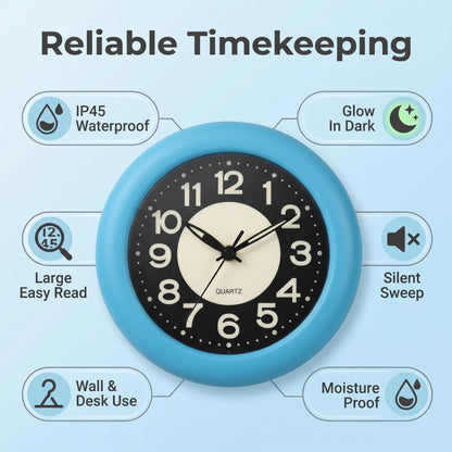LXSZRPH Bathroom Clock Waterproof for Water Spray, Shower Clocks Analog, Large Screen, Non Ticking Silent, Luminous, Table Stand, Wall Mounted Clock for Home, Office, Pool, Spa, Restaurant (Blue)