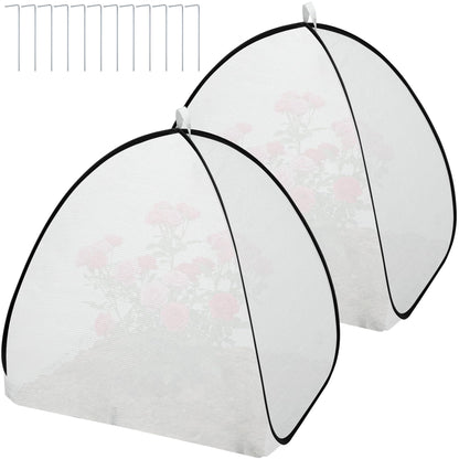 DECOHS 2 Pcs White Pop Up Plant Shade Cover Tent, 22 x 22 x 22 Inch Garden Sunshade Cloth Sun Protection Tent, Sunblock Plant Cover Net with Stakes for Outdoor Plants Flower Potted