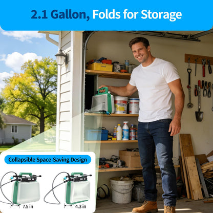 VASG Battery Powered Sprayer 2 Gallon, 7.4V Foldable Electric Pump Sprayer, Weed Sprayer with Waterproof Rechargeable Handle, 5 Mist Nozzles, Retractable Wand, Adjustable Strap for Lawn, Garden, Yard