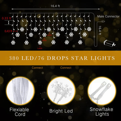 Aurelema Christmas Snowflake Icicle Lights, 33 ft Outdoor Snowflake Lights with Remote 8 Mode Waterproof 380 LEDs 76 Drops for Curtain Eaves Garden Indoor Outdoor Xmas Home Decor Wedding(Blue)