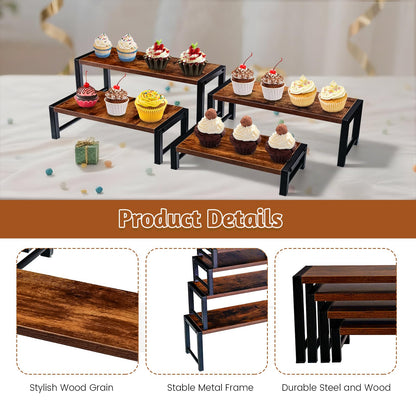 NANXITU 4 Pcs Wood Risers Display Stand, 4 Tier Cupcake Holder with Metal Frame Wooden Risers for Table Display, Perfume Collectibles Organizer Shelf, Tiered Riser for Vendors, Buffet Risers for Food Desserts Party Decor