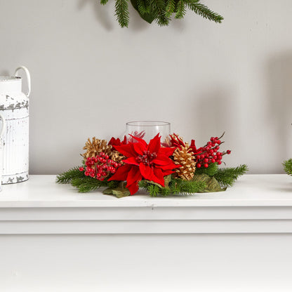 Nearly Natural Poinsettia, Berry and Golden Pine Cone Candelabrum Artificial Silk Arrangements Red 6"D x 14"W x 14"H
