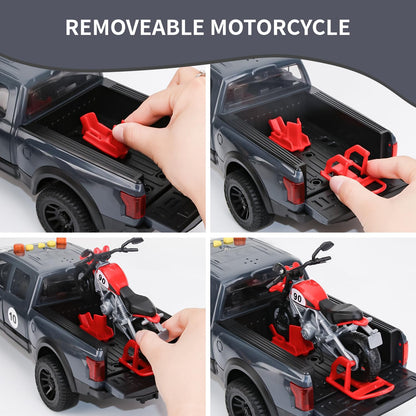Pickup Truck Toy with Motorcycle, Featuring Lights and Sound Effects,Toy Car with Opening Doors, Toy Cars Gifts for 3+ Year Old Kids(Grey Pickup)