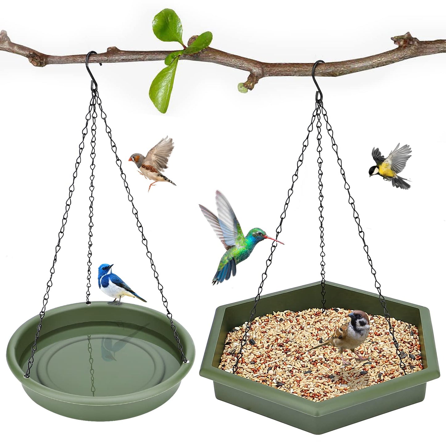 Hanging Bird Bath，2 in 1 XL Hanging Bird Feeder & Birds Bath for Outside, Birds Water Feeder,Tray for Outdoors Garden Patio Decoration
