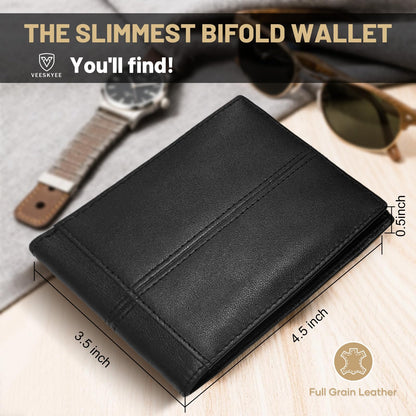 VEESKYE Full Grain Leather Wallet for Men | RFID Blocking | Extra Capacity Bifold Wallet with ID Windows | Ultra Strong Stitching | Slim Billfold with 8 Card Slots | Gift for Him Black