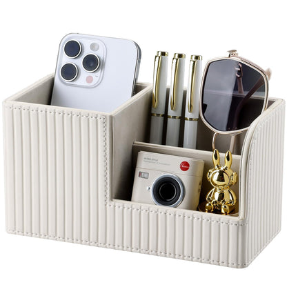 KINGFOM Desk Pen Organizer Office Supplies Caddy Pu Leather Multi-function Storage Box Pen/Pencil,Cell phone, Business Name Cards Remote Control Holder (Ivory White)