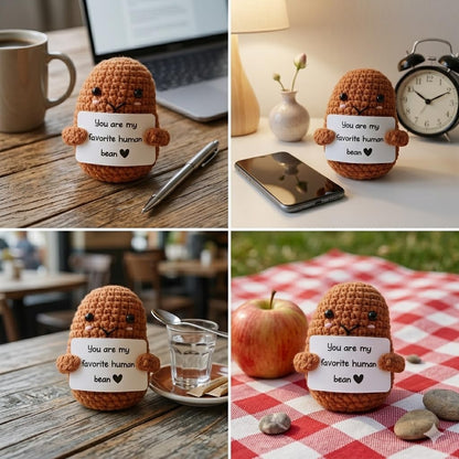 Funny Emotional Support Ornament, Creative Gift Handmade, Crochet Positive Bean Plush Doll with Motivational Message Card, Soft Yarn, 3x1.89 Inch, Desk Companion,Cute Doll,Positive Bean