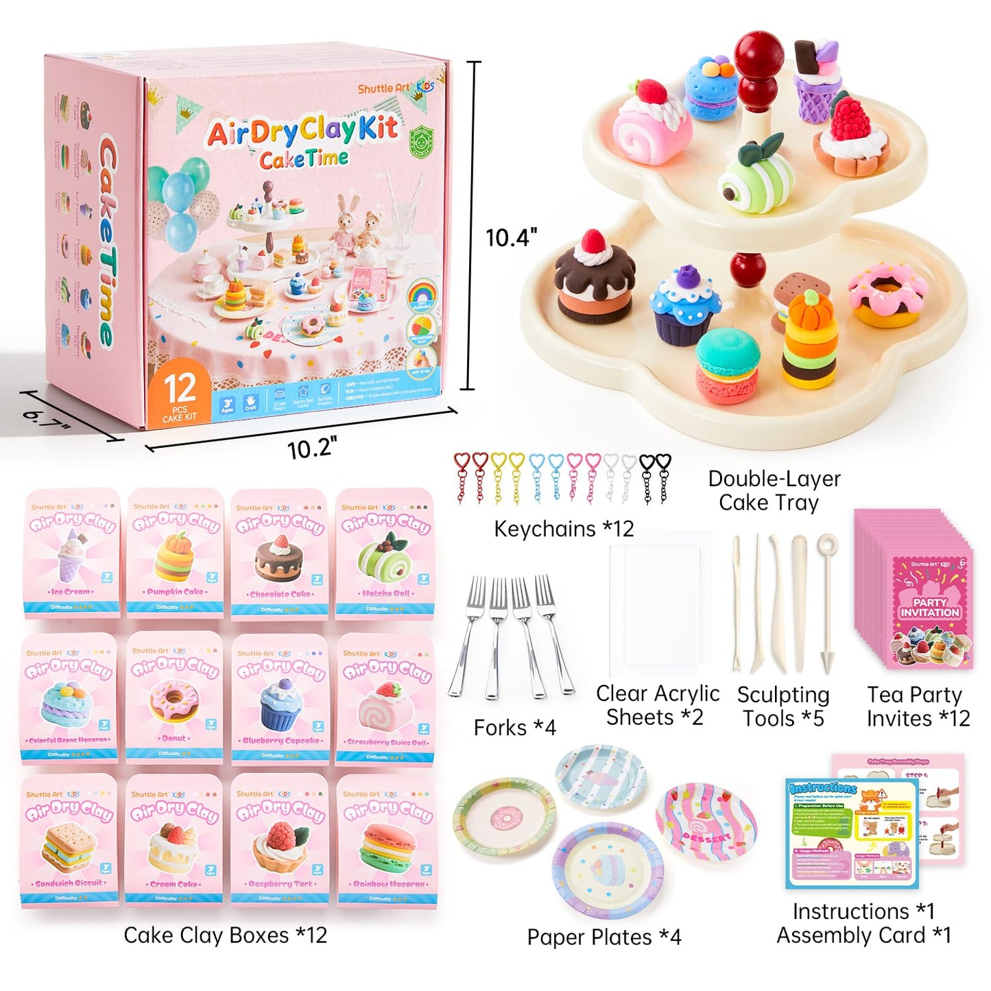 Shuttle Art Air Dry Clay for Kids - Cake Time, 52 PCS Modeling Clay Kit with Sculpting Tools and Tutorials, Safe & Non-Sticky, Craft Gifts for Boys & Girls