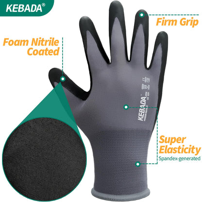 Kebada W5-12 Pairs Safety Work Gloves Foam Nitrile Coated, Seamless Knit Nylon Glove with Grip, Ideal for Mechanic, Warehouse, Construction & Gardening, Large