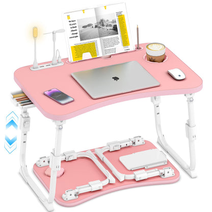 Lap Desk for Bed Adjustable Height, Foldable Bed Table with Storage Drawer, Tablet Slot & Cup Holder, Portable Laptop Stand for Bed & Sofa, Bed Desk for Adults & Kids, Pink