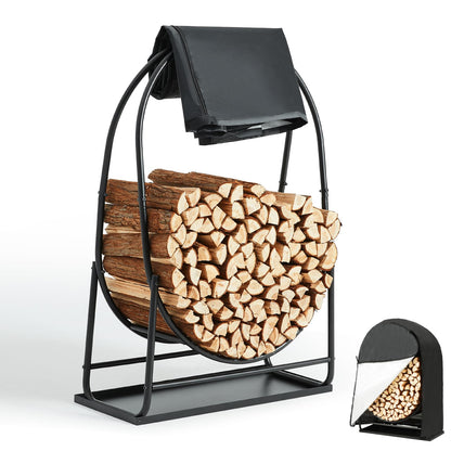 35 Inches Firewood Log Rack Hoop with Cover & Tray, Heavy Duty Solid Steel Fire Wood Storage Rack and Cover Set with Zipper for Outdoor/Indoor, Round Log Holder with 33in Tray, Waterproof Cover