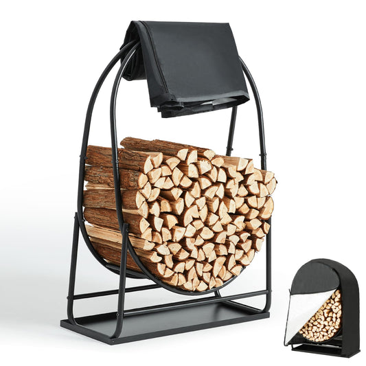 35 Inches Firewood Log Rack Hoop with Cover & Tray, Heavy Duty Solid Steel Fire Wood Storage Rack and Cover Set with Zipper for Outdoor/Indoor, Round Log Holder with 33in Tray, Waterproof Cover