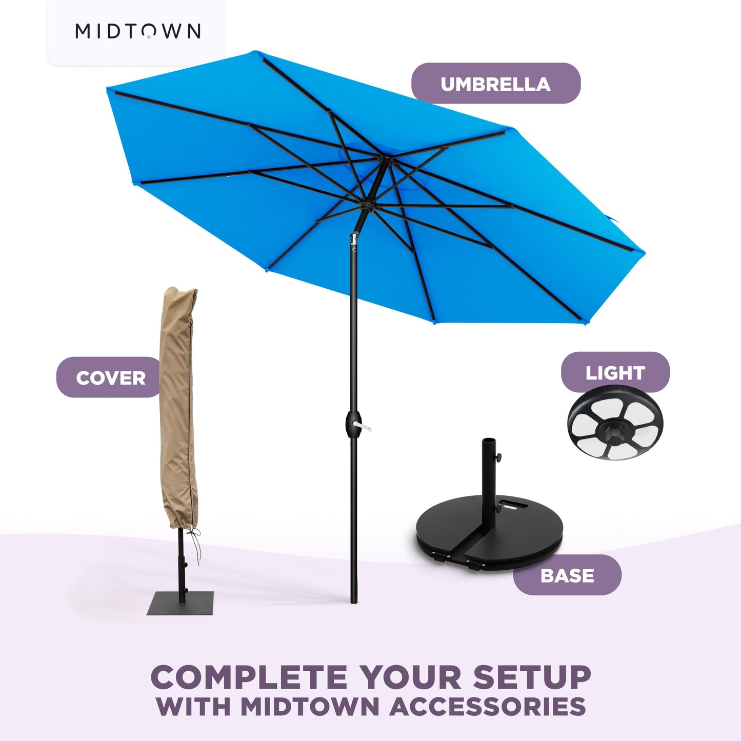 Midtown Umbrellas - 10-Year-No-Fade 9 Ft Patio Umbrella with Terylast Fabric, Auto-Tilt Aluminum Frame and 8 Reinforced Ribs for Deck, Pool, Garden & Beach - Cobalt Blue Canopy, Black Pole