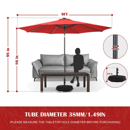 Sundale Outdoor Solar 80 LED 9 ft Patio Umbrella with Sand Bag Umbrella Base, Outdoor Umbrella with Tilt and Crank, Red