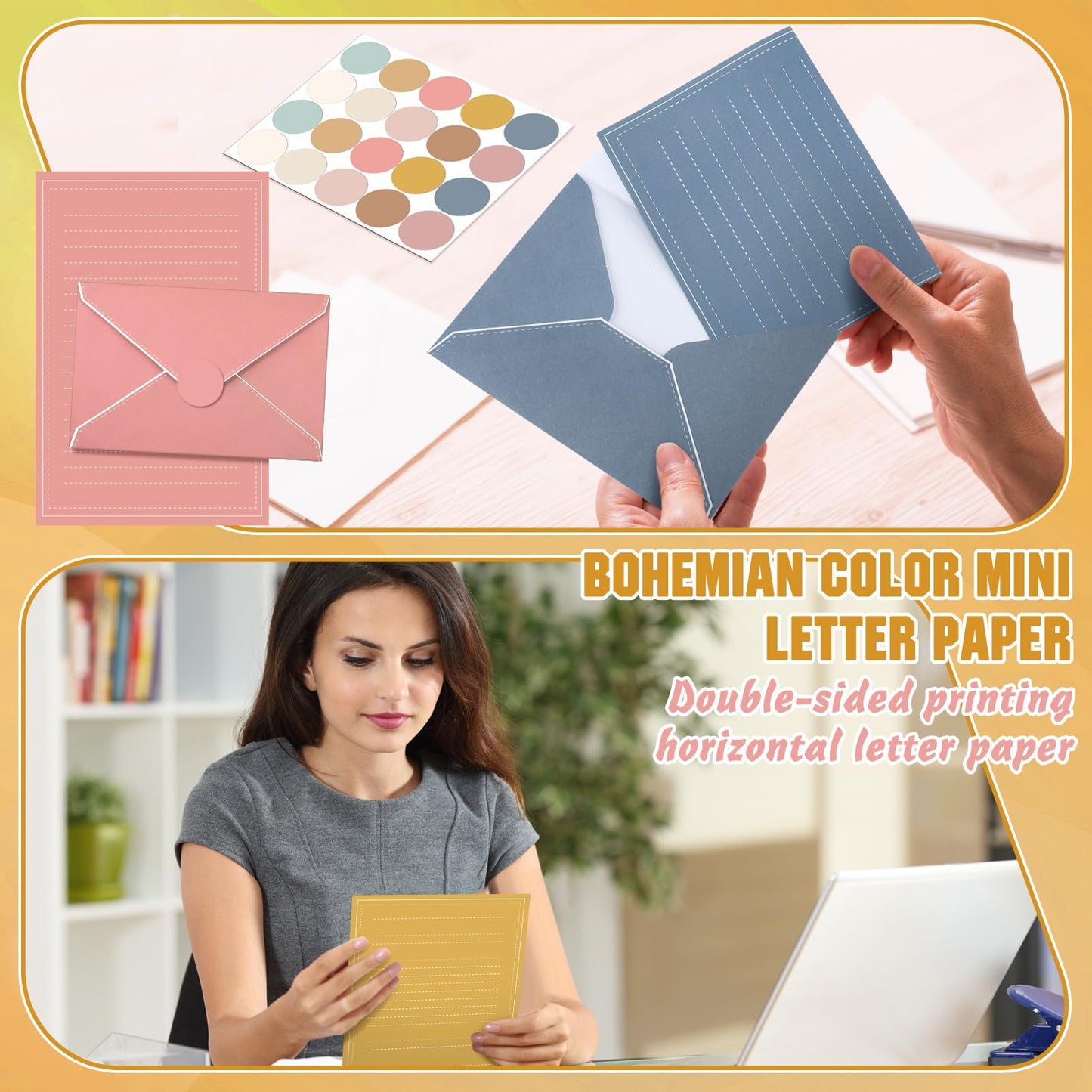 TaoBary 160 Packs Stationery Paper Set (50 Double Sided Stationery Writing Papers 50 Matching Envelopes) 60 Round Dot Sticker, 10 Design (5.5 x 8.25 Inch,Boho Color)