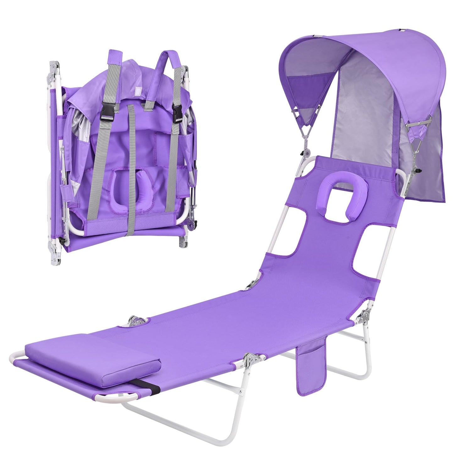 Backpack Beach Tanning Chair with Canopy Sun Shade & Face Hole, 6 Position Folding Lounge Sun Chair for Adults Outside Reading Sunbathing Poolside Camping Lawn, UPF 50+, Patent Design