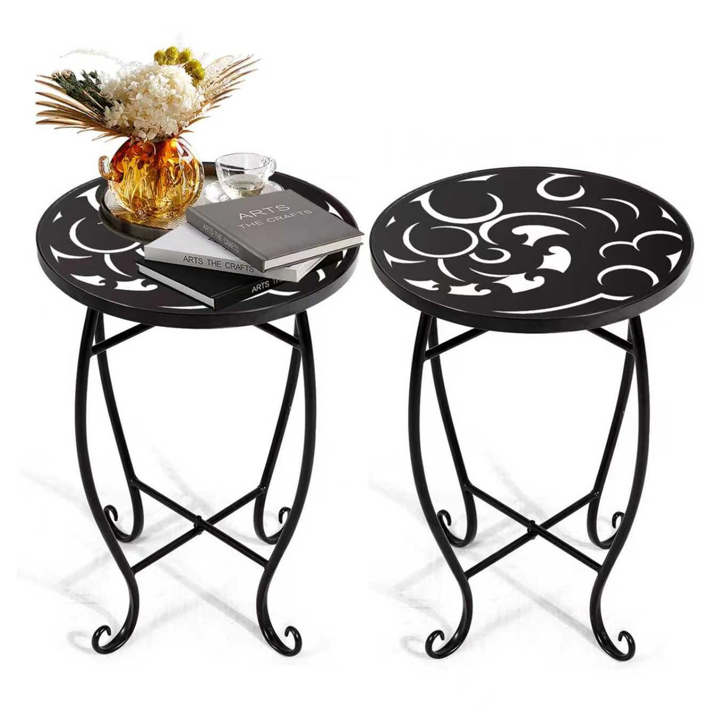 Kaesithar 2 Pack 15 Inch Tall Plant Stands Outdoor Indoor, Metal Side Tables for Patio, Weather Resistant Flower Pot Racks with Swirl Pattern, Black End Table Set for Garden Balcony