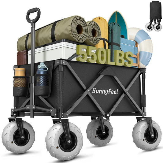 SUNNYFEEL 41" L Beach Wagon with Big Wheels for Sand - 550lbs Heavy Duty Folding Beach Wagon - All Terrain Steel Frame with 9" Pneumatic Tires for Beach,Camping,Sports,Garden (Black)