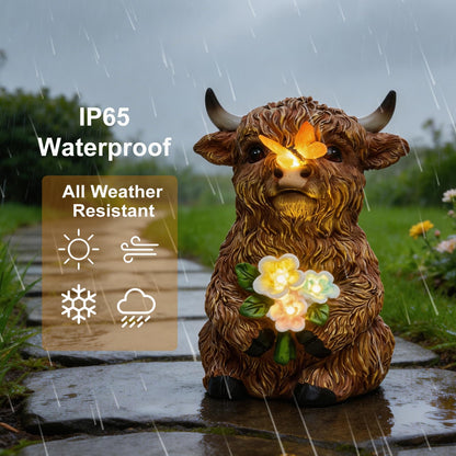 LXOUMEI Solar Highland Cow Outdoor Statue, Garden Sculpture with Lighted Butterfly & Flowers Decor, Highland Cow Figurine for Patio Yard Lawn Ornaments for Birthday