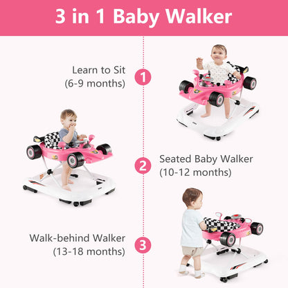 INFANS Foldable Baby Walker, 3 in 1 Toddler Activity Center Leaning-Seated Walk-Behind with Steering Wheel, Adjustable Height, Lights, Music, Washable Seat Cushion (Pink)