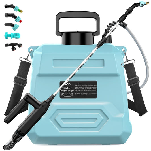 VASG Battery Powered Garden Sprayer 2 Gallon, 7.4V Powerful Electric Pump Sprayer, Weed Sprayer with USB Rechargeable Handle, 5 Mist Nozzles, Retractable Wand, Adjustable Strap for Lawn, Garden, Yard