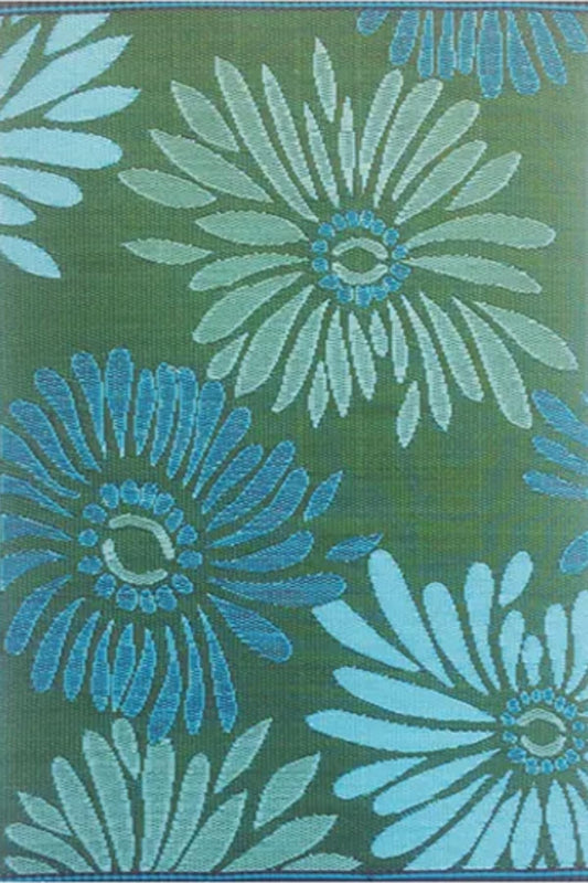Mad Mats Daisy Green & Aqua Outdoor Rug, 8x10 – Reversible, Recycled Plastic, UV Resistant