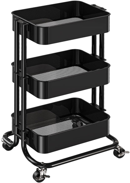 Pipishell 3 Tier Metal Rolling Utility Cart, Heavy-Duty Storage Rolling Cart with 2 Lockable Wheels, Multifunctional Mesh Organization Utility Cart for Kitchen Dining Room Living Room (Black)