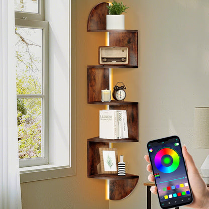 jasenlove Corner Shelf, 5 Tier Corner Shelf Wall Mounted with Light, Corner Floating Shelves, Corner Bookshelf Stand for Bedroom, Bathroom, Living Room, Kitchen, Home (Rustic Brown)